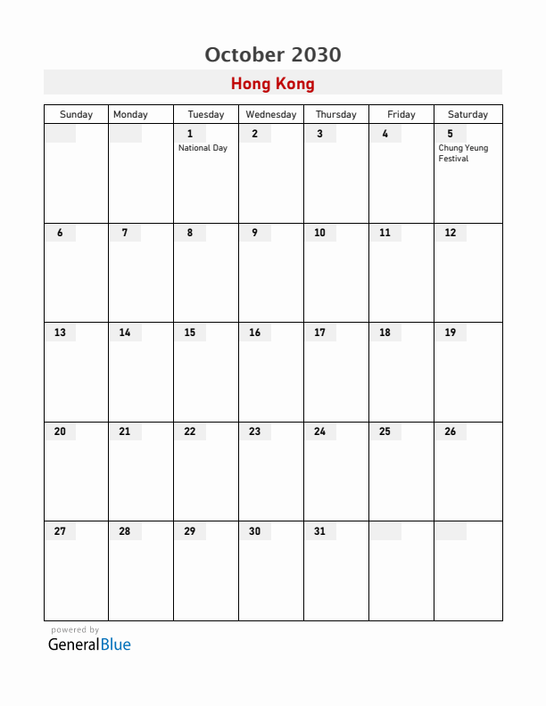Hong Kong October 2030 Calendar with Holidays
