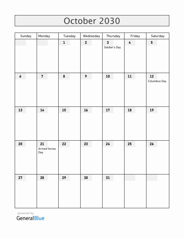 Honduras October 2030 Calendar with Holidays
