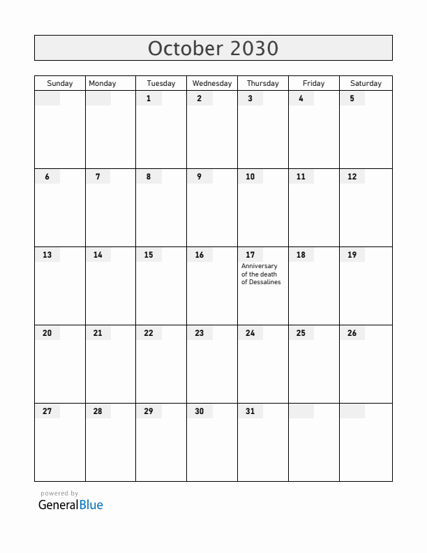 Haiti October 2030 Calendar with Holidays