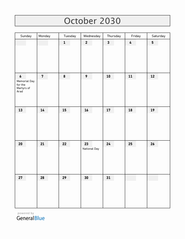 Hungary October 2030 Calendar with Holidays