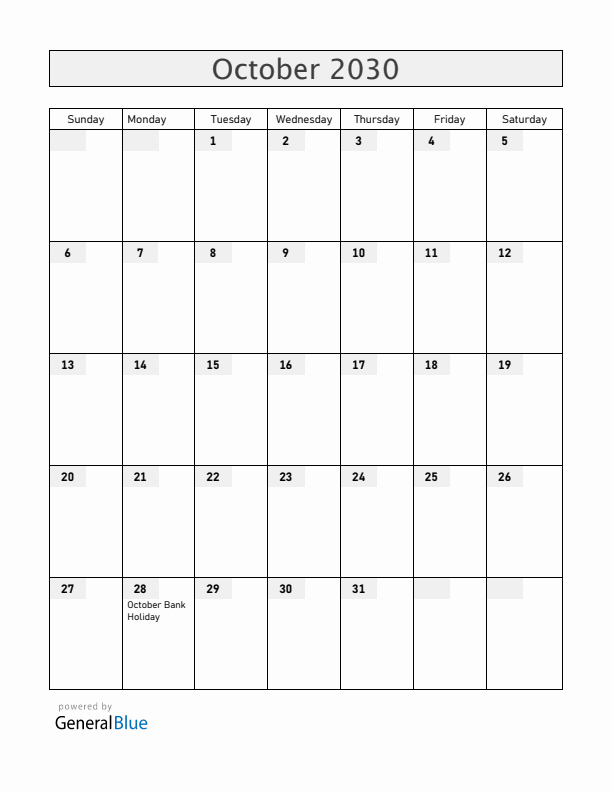 Ireland October 2030 Calendar with Holidays