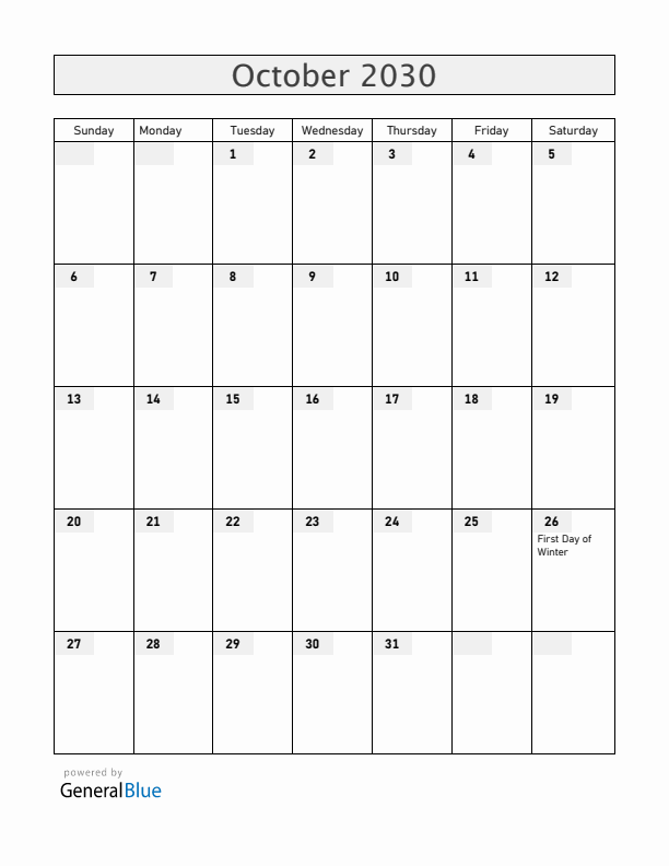 Iceland October 2030 Calendar with Holidays
