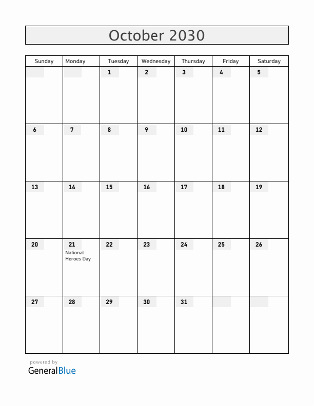 Jamaica October 2030 Calendar with Holidays