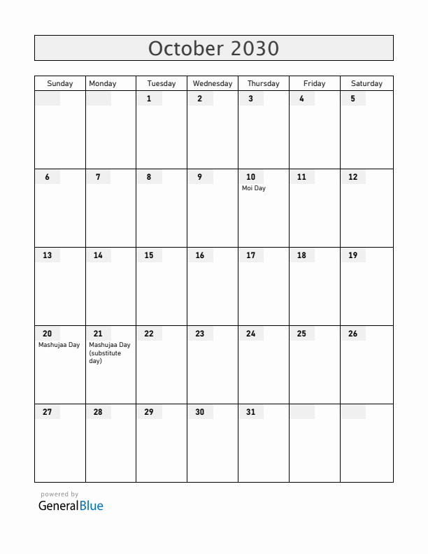 Kenya October 2030 Calendar with Holidays