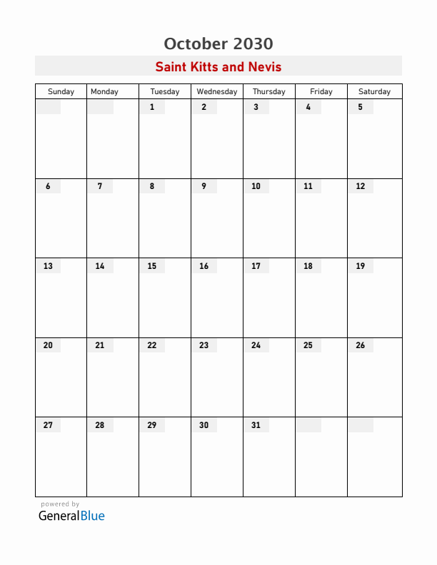 Saint Kitts and Nevis October 2030 Calendar with Holidays