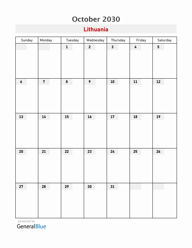 Lithuania October 2030 Calendar with Holidays