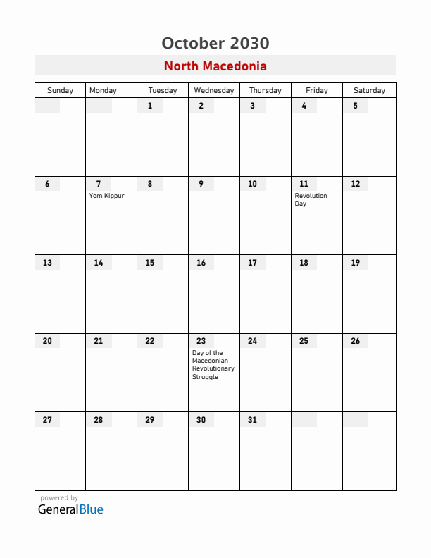 North Macedonia October 2030 Calendar with Holidays