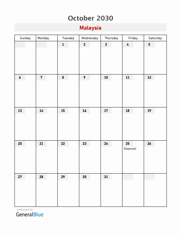 Malaysia October 2030 Calendar with Holidays
