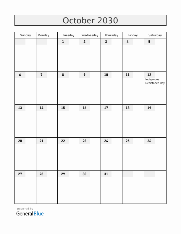 Nicaragua October 2030 Calendar with Holidays