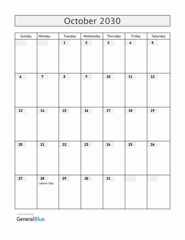 New Zealand October 2030 Calendar with Holidays