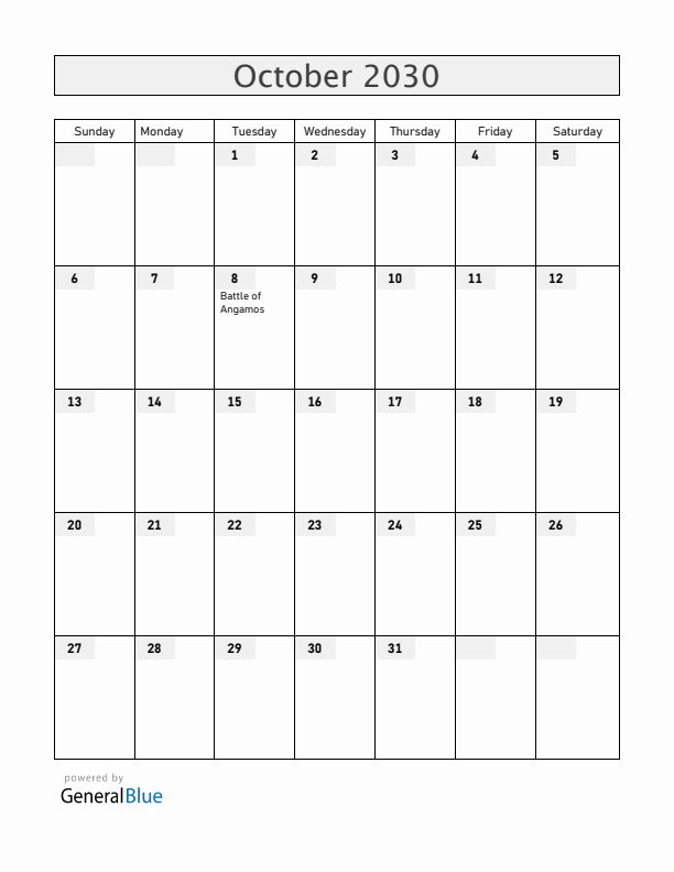 Peru October 2030 Calendar with Holidays