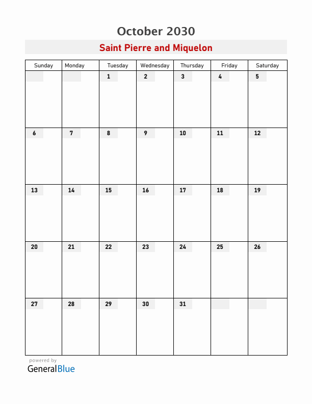 Saint Pierre and Miquelon October 2030 Calendar with Holidays
