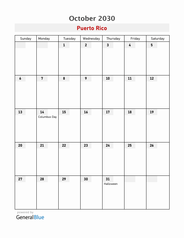 Puerto Rico October 2030 Calendar with Holidays