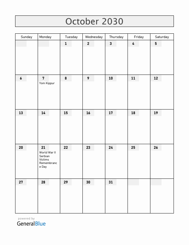 Serbia October 2030 Calendar with Holidays