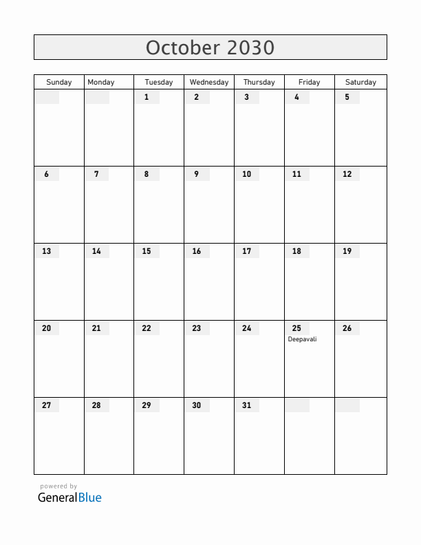 Singapore October 2030 Calendar with Holidays