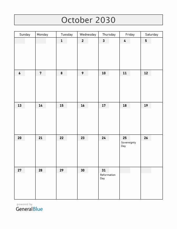 Slovenia October 2030 Calendar with Holidays