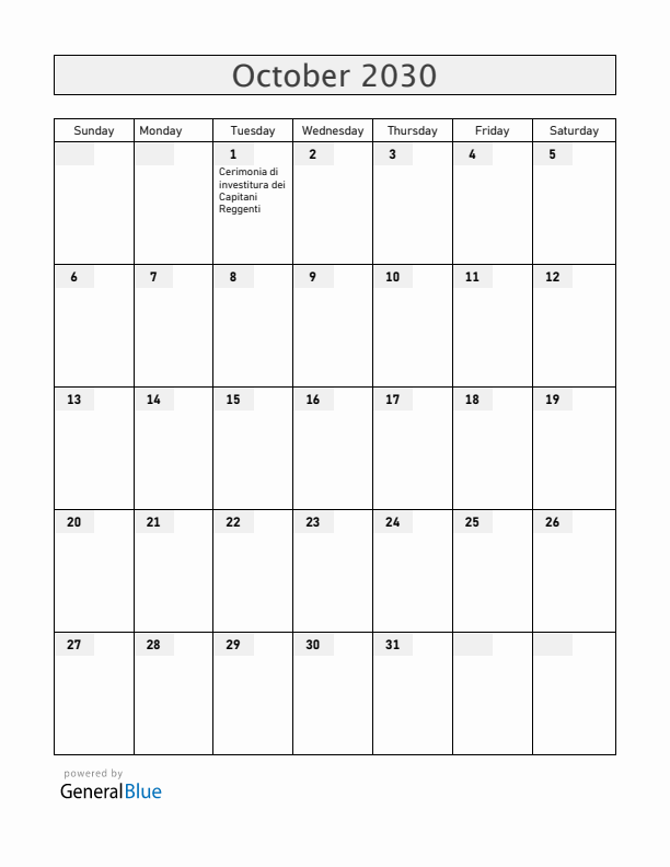 San Marino October 2030 Calendar with Holidays