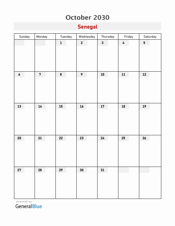 Senegal October 2030 Calendar with Holidays