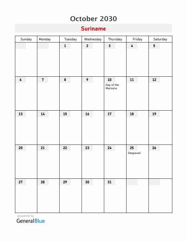 Suriname October 2030 Calendar with Holidays
