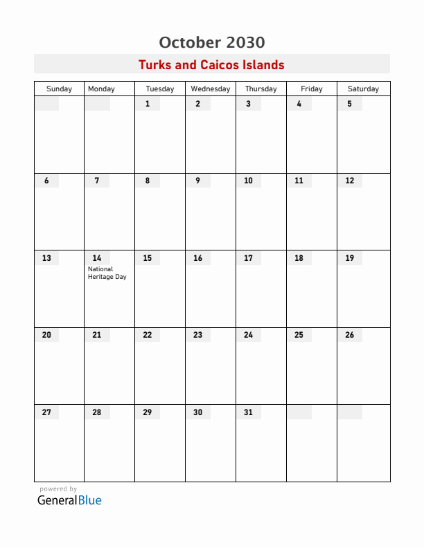 Turks and Caicos Islands October 2030 Calendar with Holidays