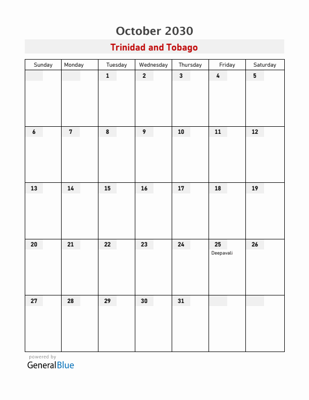 Trinidad and Tobago October 2030 Calendar with Holidays
