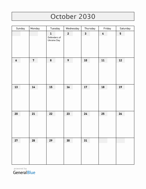 Ukraine October 2030 Calendar with Holidays