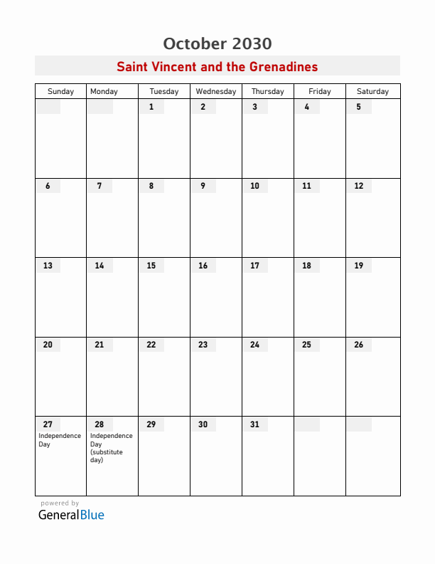 Saint Vincent and the Grenadines October 2030 Calendar with Holidays