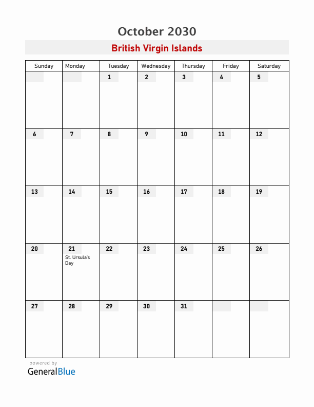 British Virgin Islands October 2030 Calendar with Holidays