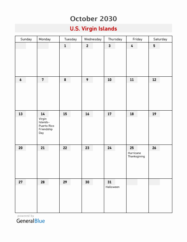 U.S. Virgin Islands October 2030 Calendar with Holidays