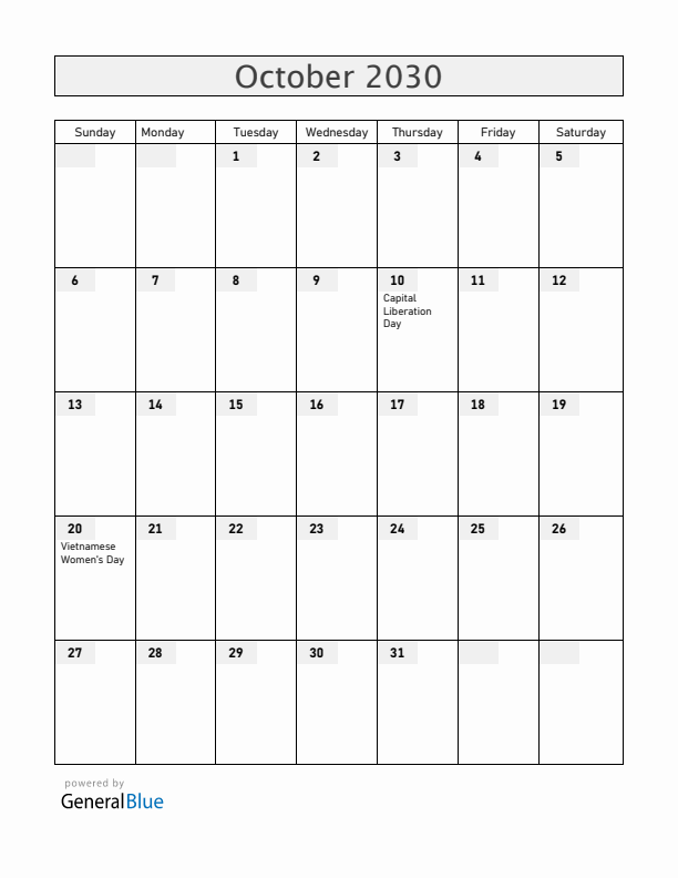 Vietnam October 2030 Calendar with Holidays