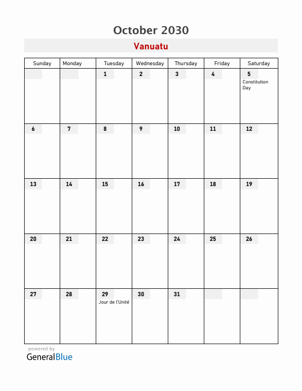Vanuatu October 2030 Calendar with Holidays