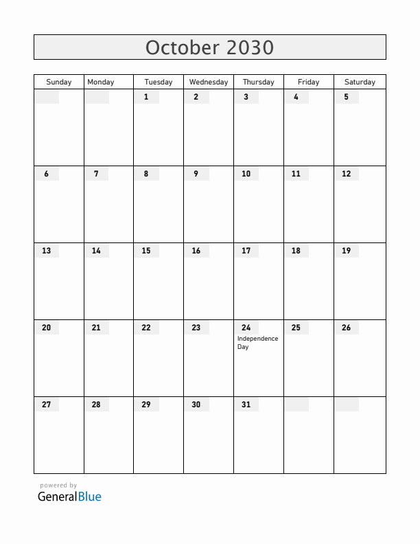 Zambia October 2030 Calendar with Holidays