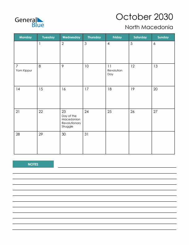 Calendar with Notes Printable - Monday Start