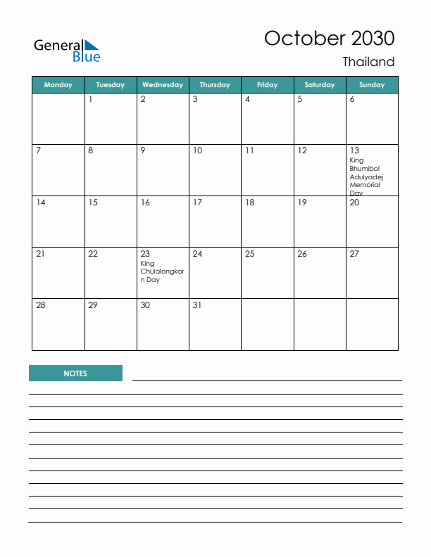 Calendar with Notes Printable - Monday Start