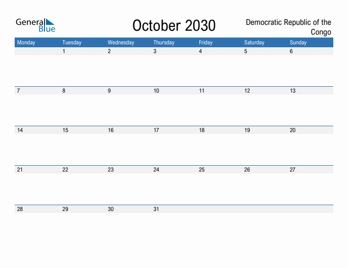 Fillable October 2030 Calendar