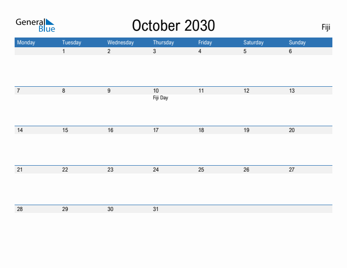 Fillable October 2030 Calendar