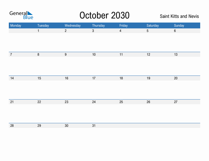 Fillable October 2030 Calendar