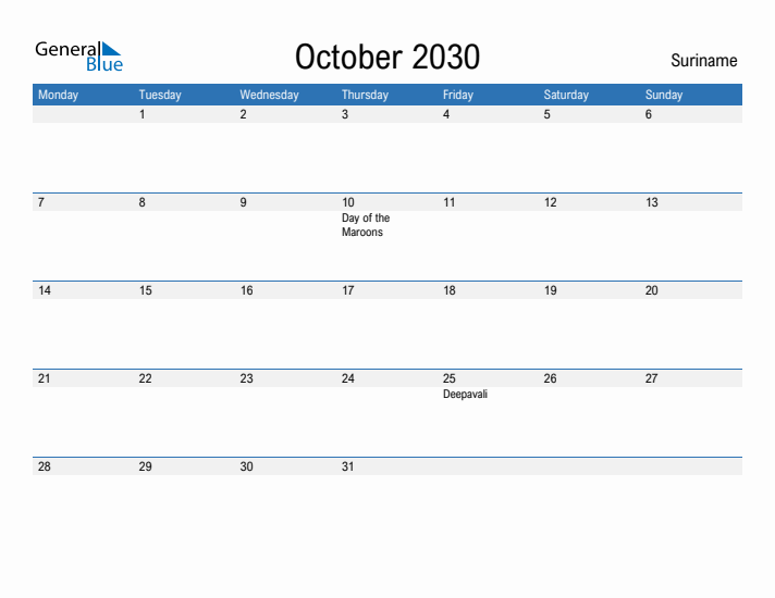 Fillable October 2030 Calendar