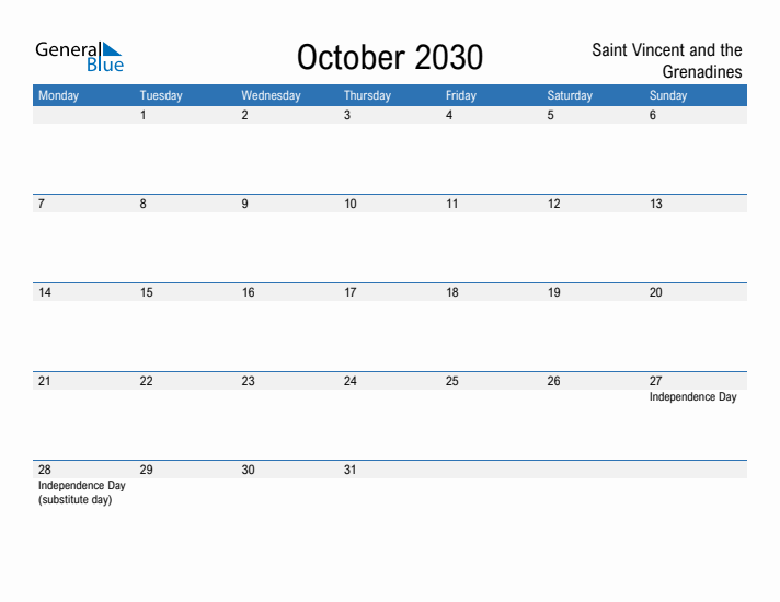 Fillable October 2030 Calendar
