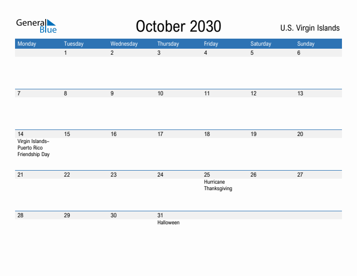 Fillable October 2030 Calendar