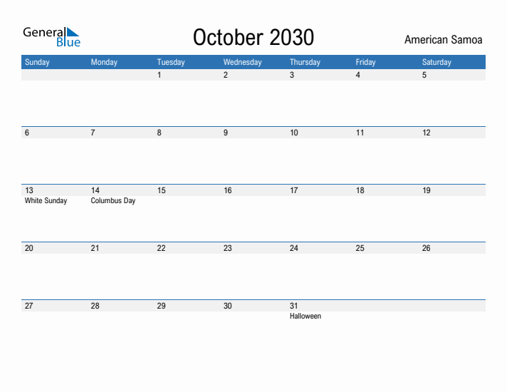 Fillable October 2030 Calendar