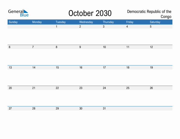 Fillable October 2030 Calendar