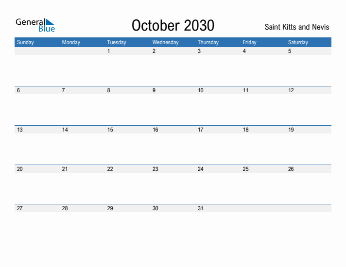 Fillable October 2030 Calendar