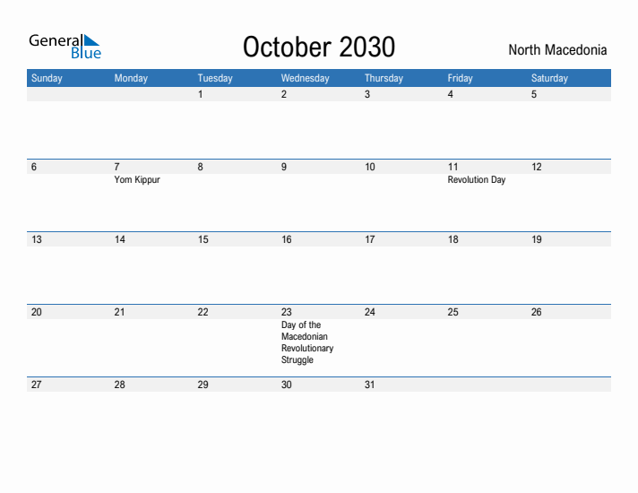 Fillable October 2030 Calendar
