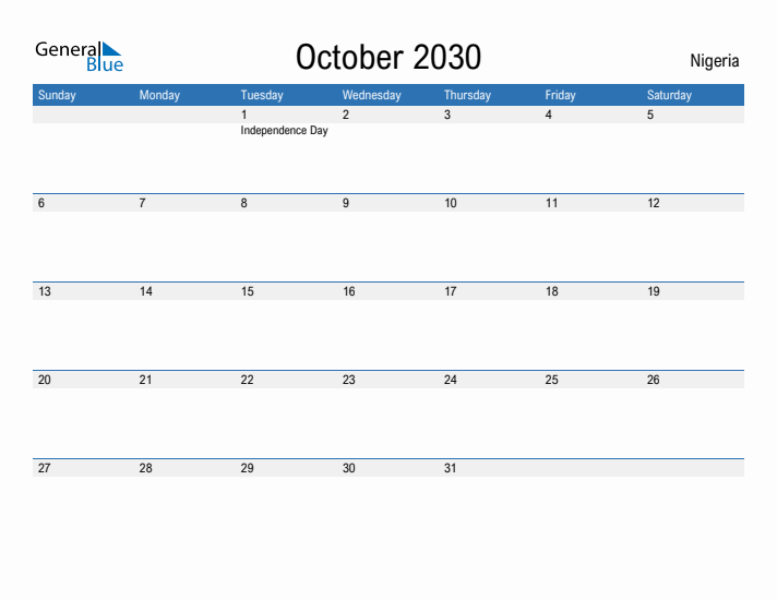 Fillable October 2030 Calendar