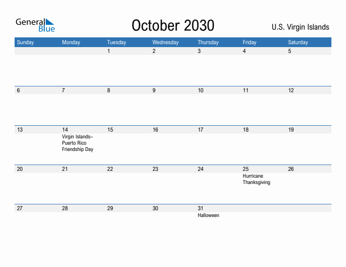 Fillable October 2030 Calendar