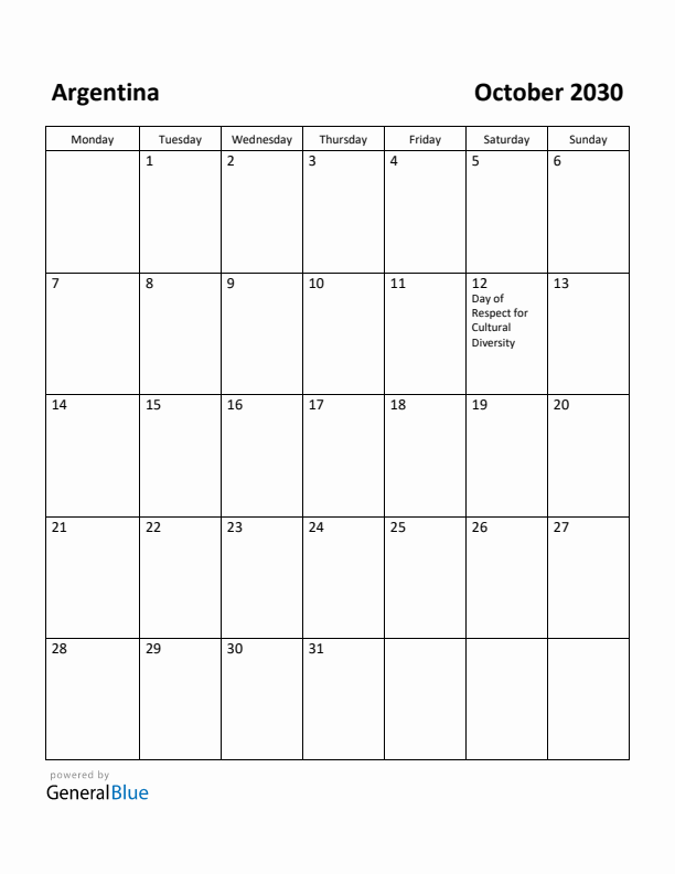 October 2030 Calendar with Argentina Holidays