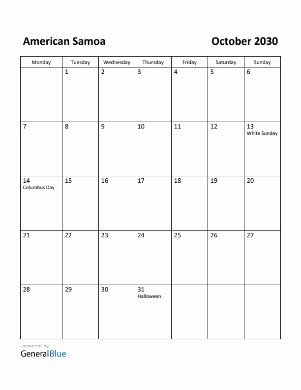 October 2030 Calendar with American Samoa Holidays