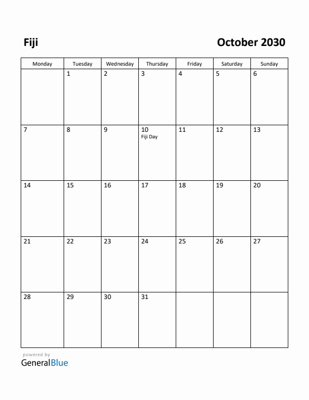 October 2030 Calendar with Fiji Holidays