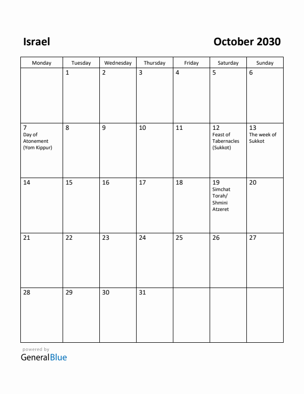 October 2030 Calendar with Israel Holidays
